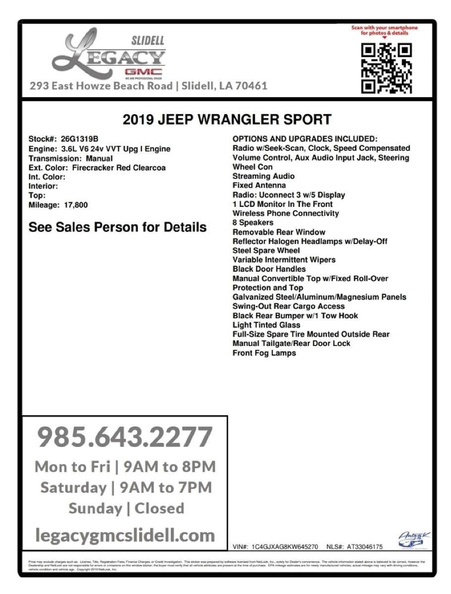 2019 Jeep Wrangler Sport S